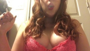 Sexy Redhead Teen with Big Tits Smoking in Pink Lace Bra - Big Pink Lips