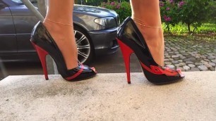 Open-Toe Red and Black Stilettos Double Ankle Bracelets
