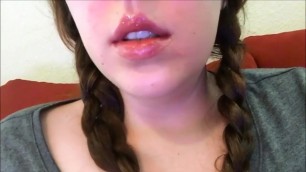 Sexy Chubby Teen Brunette Smoking in Pigtails and Lip Gloss - Close up