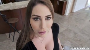Buxom MILF Brianna Rose noticed that her stepson is horny so she welcomes him with a juicy blowjob in the kitchen.