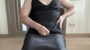 Black satin maxi long fetish black dress on crossdresser sissy cuckold bdsm gay jerking in a silk outfit
