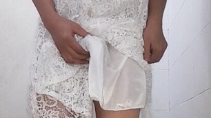 Crossdresser Wearing White Dress And Cum