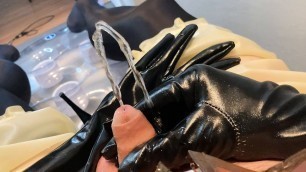 Latex and Spandex Masturbation and Pissing in long gloves