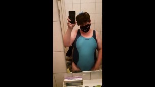 Chubby Femboy in Swimsuit Masturbating at the Shower