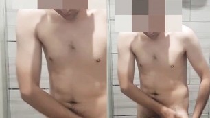 Young Security Guard take shower at work spy
